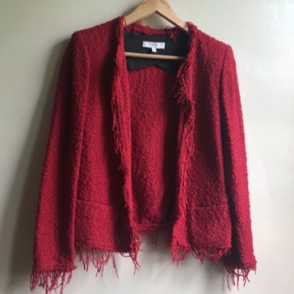 Iro Shavani Fringe Trimmed Open Blazer Jacket Red Size 36 US S